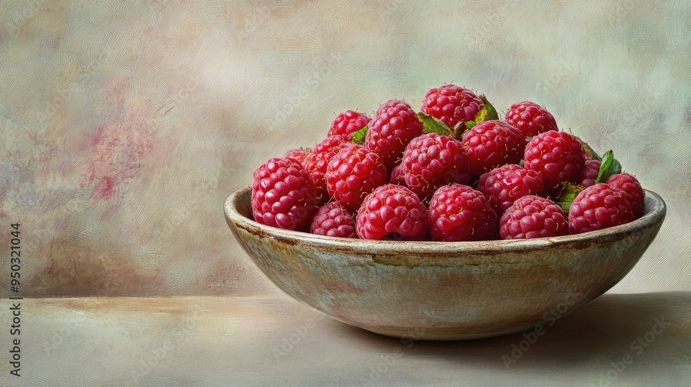 A bowl of freshly picked raspberries, their deep red color and delicate texture captured against a soft, neutral background A bowl of freshly picked raspberries, their deep red color and delicate texture captured against a soft, neutral background