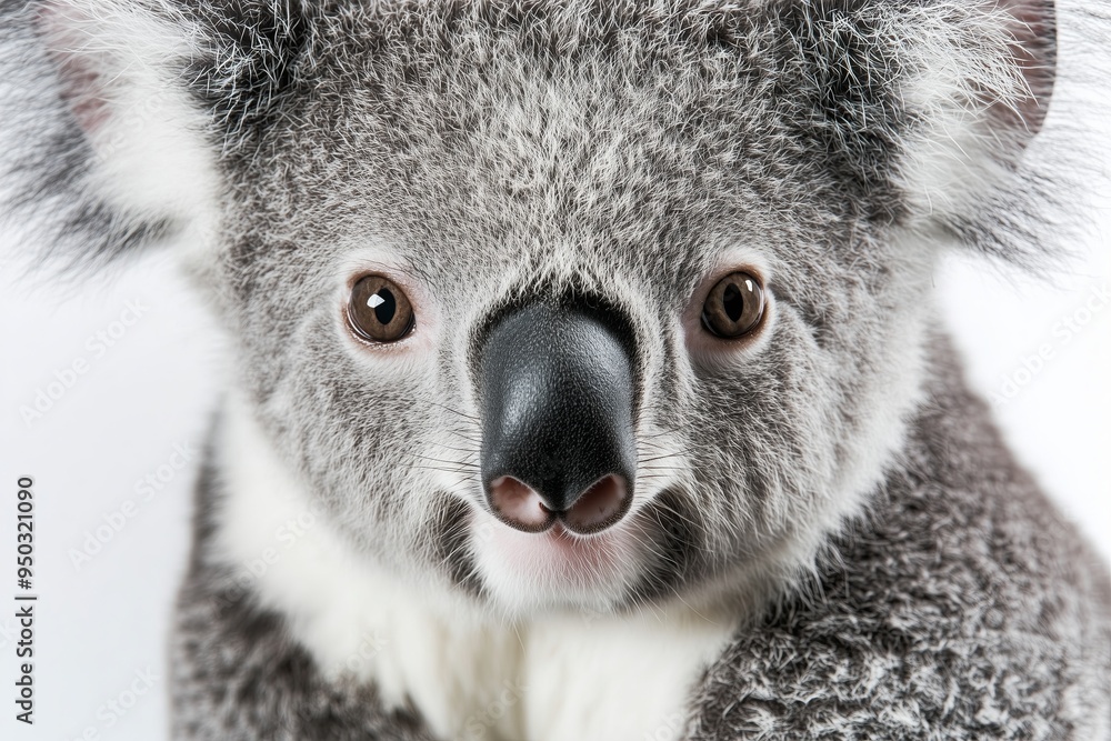 Fototapeta premium A close up, high resolution image of a koala with a calm expression, set against a clean, bright white background. The even lighting highlights the koalas soft, fluffy fur and