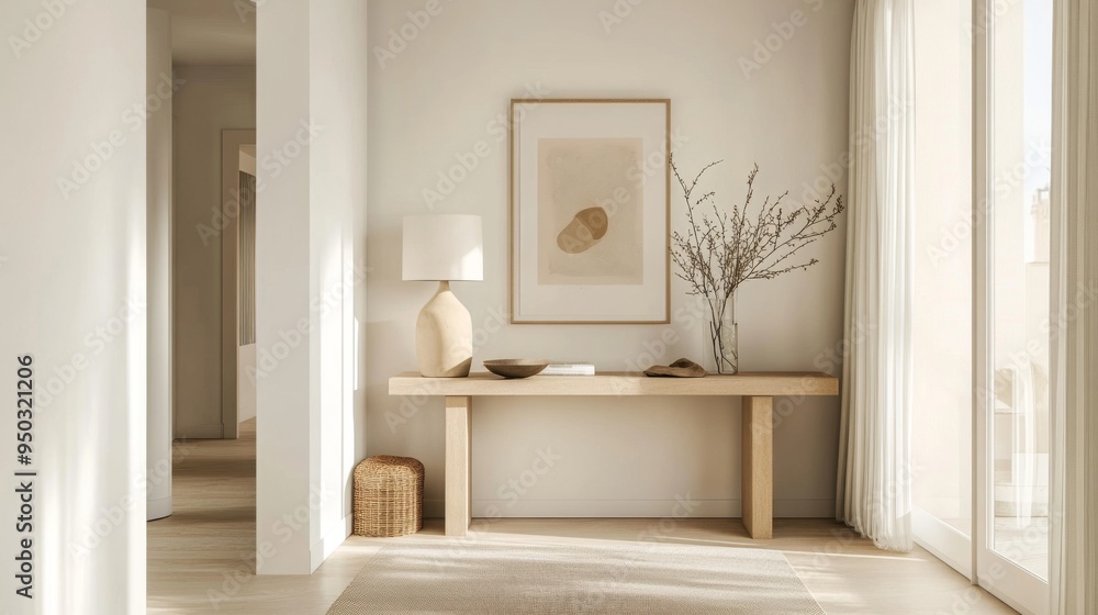 A minimalist hallway with clean lines, a simple console table, and a few well-chosen pieces of art, creating a serene and welcoming entryway. A minimalist hallway with clean lines, a simple console table, and a few well-chosen pieces of art, creating a serene and welcoming entryway.