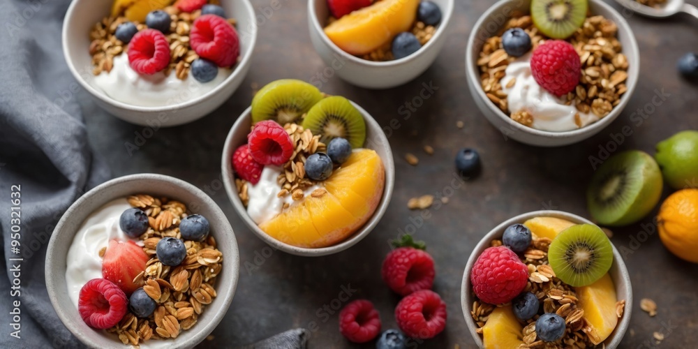 Top view of healthy granola bowls with yogurt and fruits. Top view of healthy granola bowls with yogurt and fruits.