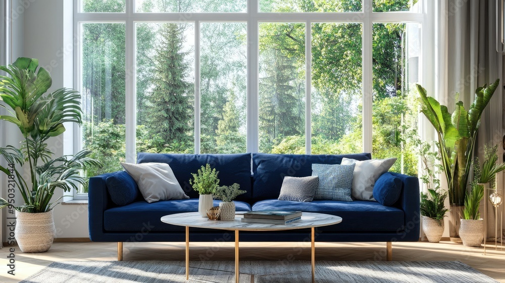 A bright living room with a blue sofa, large windows, and a sophisticated oval coffee table A bright living room with a blue sofa, large windows, and a sophisticated oval coffee table