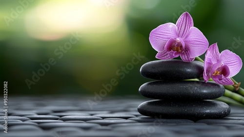 A detailed composition of a spa setting with hot stones on a bamboo surface, surrounded by flowers, captured in soft, diffused light