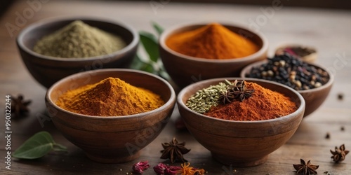 Variety of colorful spices in traditional bowls.