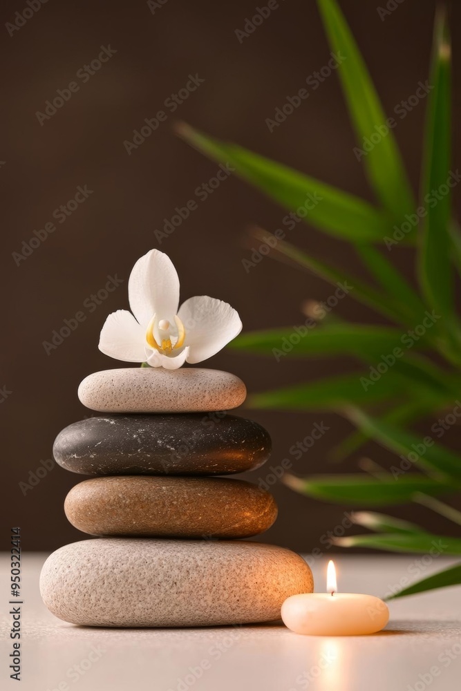 A peaceful spa arrangement with hot stones, bamboo, and flowers, all bathed in warm, ambient light A peaceful spa arrangement with hot stones, bamboo, and flowers, all bathed in warm, ambient light