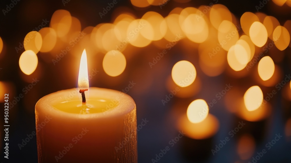 A close-up of a single candle with a steady flame, surrounded by a sea of flickering candles in the background. A close-up of a single candle with a steady flame, surrounded by a sea of flickering candles in the background.