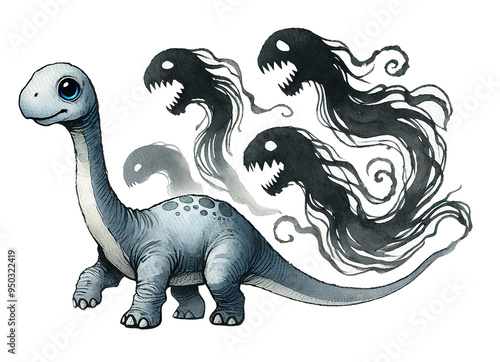 baby Diplodocus monster creeping out of the shadows, with dark, ghostly wisps swirling around its long neck.