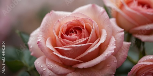 Macro shot of pink rose with curly petals. photo