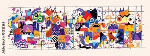 Colorful abstract grunge, rough hand drawn  geometric and shapes line art vector illustration background. Brushes, stroke pattern art for mural, textile, web, wall art design.