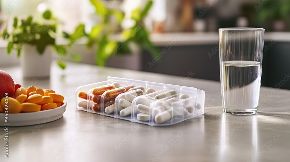 A daily pill organizer with various food supplements and a glass of water, representing a balanced health routine. A daily pill organizer with various food supplements and a glass of water, representing a balanced health routine.