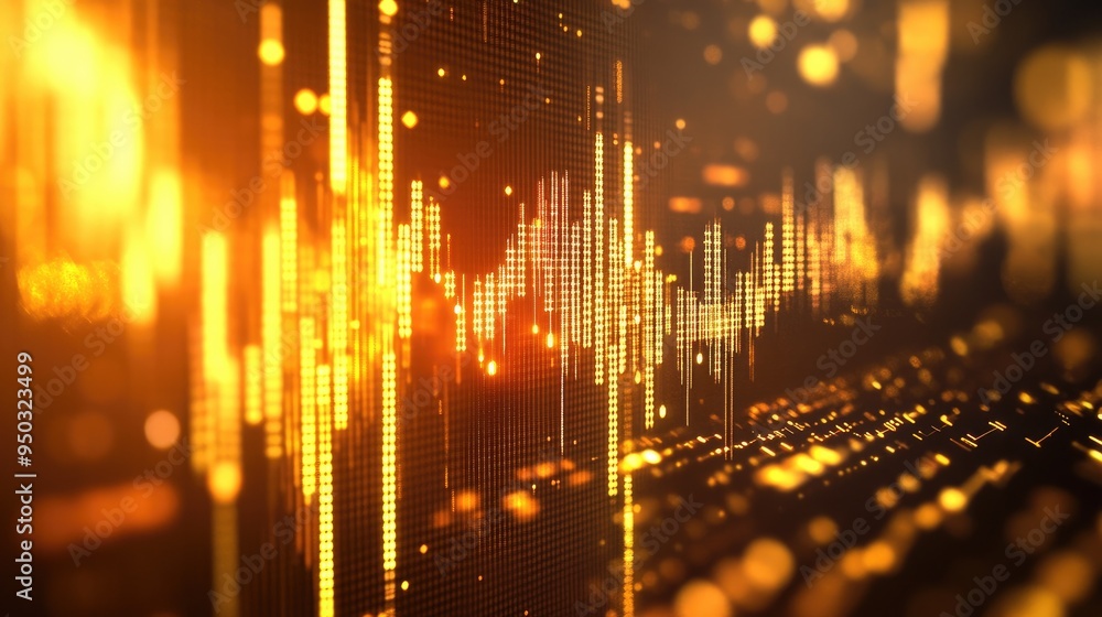 Naklejka premium A digital display of stock market trends with gold accents and a shimmering gold backdrop.