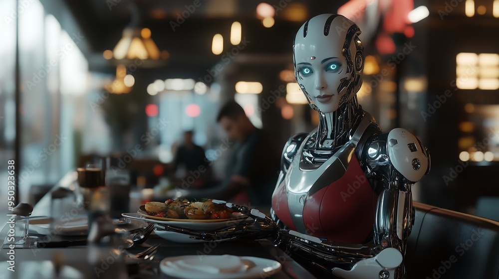 Meat Cyborg A modern restaurant setting where a female cyborg, half-human and half ...