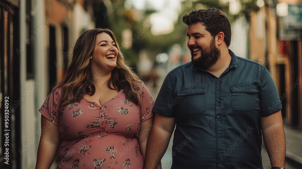 A joyful scene of a plus-sized woman walking hand in hand with a man. Both have happy expressions, radiating contentment as they enjoy their time together. A joyful scene of a plus-sized woman walking hand in hand with a man. Both have happy expressions, radiating contentment as they enjoy their time together.
