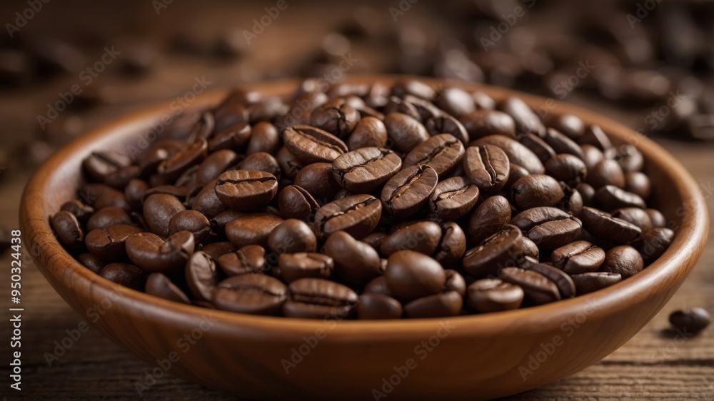 Fototapeta premium Close-up of coffee beans in a wooden bowl.