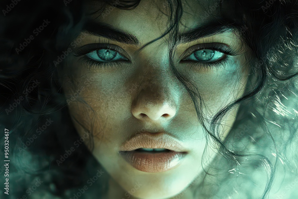mysterious woman with wild curly hair emerging from shadows ethereal lighting dramatic chiaroscuro effect mysterious woman with wild curly hair emerging from shadows ethereal lighting dramatic chiaroscuro effect