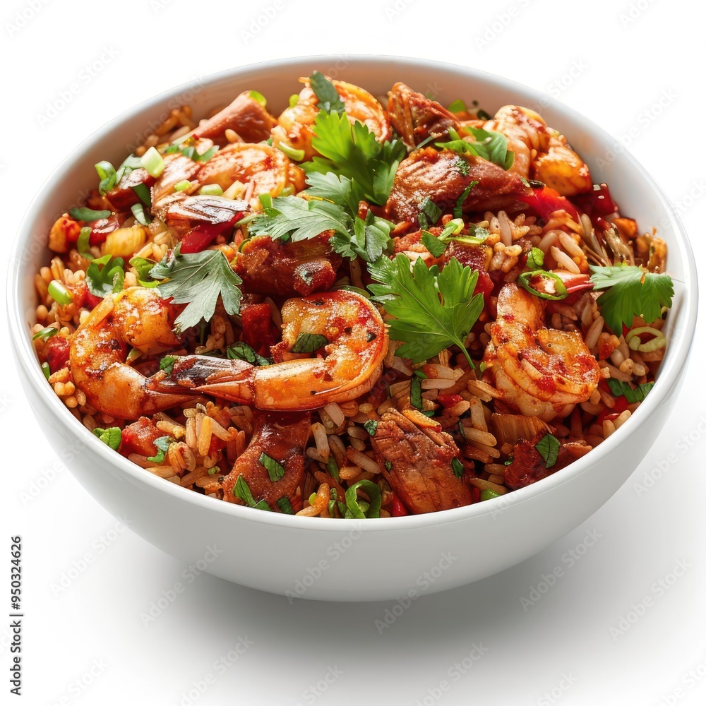 A bowl of delicious shrimp fried rice garnished with herbs and spices, ready to be enjoyed. A bowl of delicious shrimp fried rice garnished with herbs and spices, ready to be enjoyed.