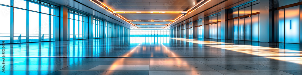 Fototapeta premium Empty hall in industrial building, shopping center, airport. Large windows, lot of light. Glass, metal, ceramic tiles, concrete. background trendy design template poster banner. Generative Ai content