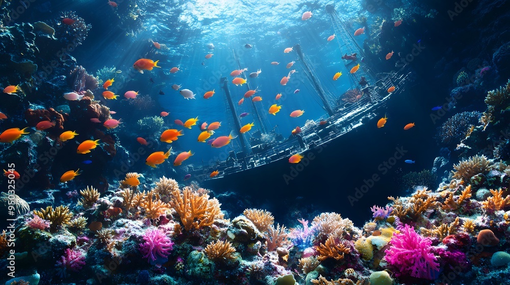 Naklejka premium Vivid coral reefs underwater scene sunken ship schools of fish high contrast