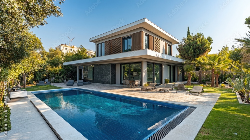 A contemporary villa with an inviting outdoor pool and garden, surrounded by modern architecture A contemporary villa with an inviting outdoor pool and garden, surrounded by modern architecture
