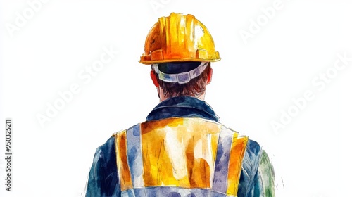 Construction Worker Watercolor Illustration  Back View  Safety Gear photo