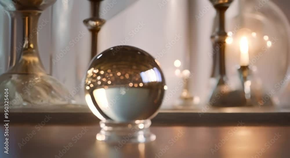 Reflection of a beautiful crystal ball on the wooden table 4k animation Reflection of a beautiful crystal ball on the wooden table 4k animation