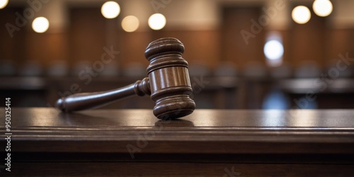 Close up of judge gravel in empty court room.