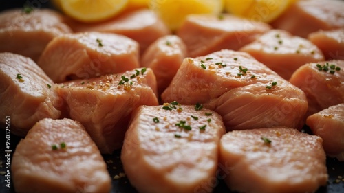 Close up of chunks of raw chicken breast meat. photo