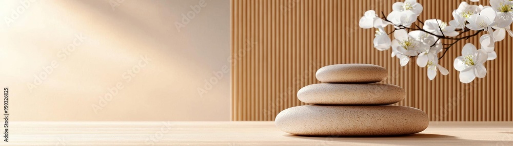 A tranquil wellness space with a bamboo backdrop, smooth hot stones, and fresh flowers, bathed in soft, natural light A tranquil wellness space with a bamboo backdrop, smooth hot stones, and fresh flowers, bathed in soft, natural light