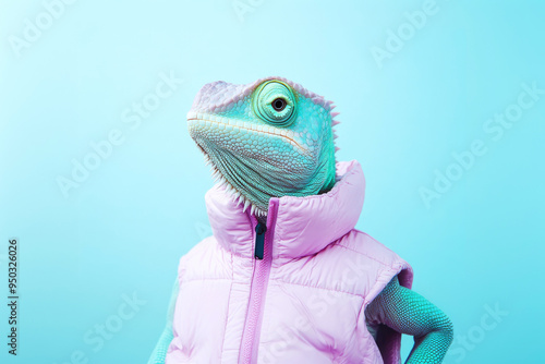 A colorful chameleon wearing a trendy pink vest, posing confidently in front of a blue background, blending fashion with nature. photo