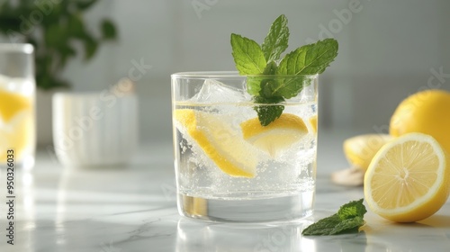 A refreshing glass of sparkling water with mint leaves and lemon slices on a marble countertop