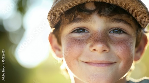 A close-up of a boyâ€™s face with a joyful expression, wearing a cap and enjoying a sunny day. photo