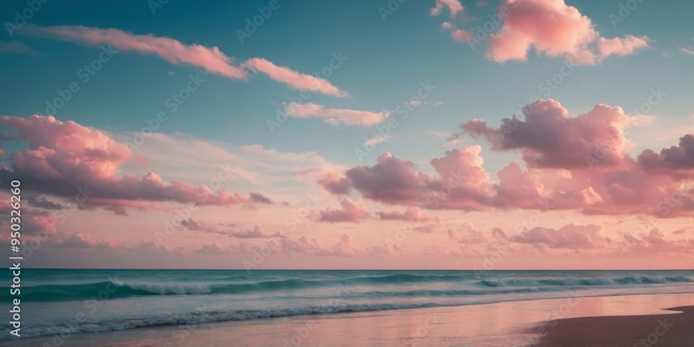 Widescreen pastel colored beach scene with teal water and pink clouds. Widescreen pastel colored beach scene with teal water and pink clouds.