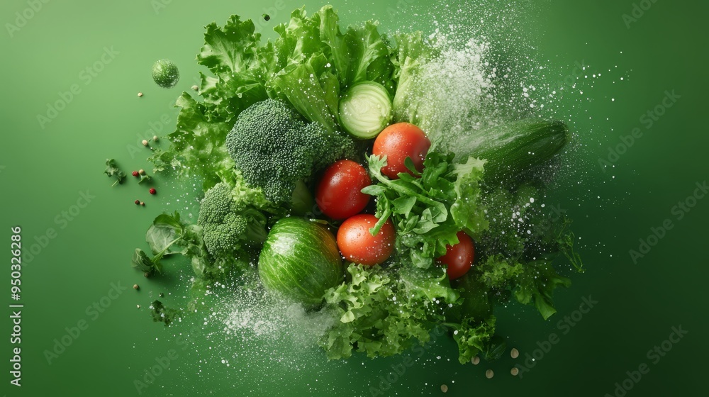 Fresh Vegetables with Green Background and Splashing Water Fresh Vegetables with Green Background and Splashing Water