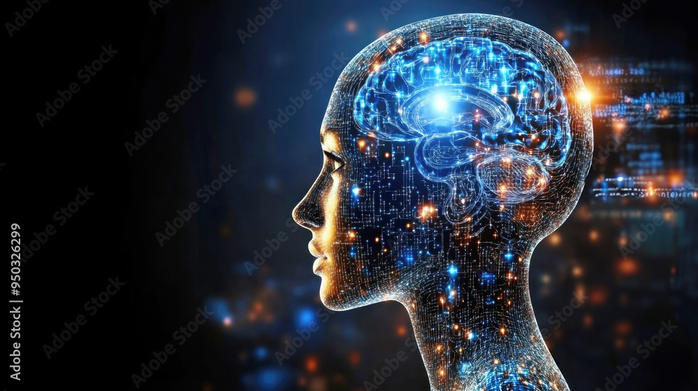A human silhouette with a glowing brain, representing intelligence, technology, and the complexities of the human mind. A human silhouette with a glowing brain, representing intelligence, technology, and the complexities of the human mind.