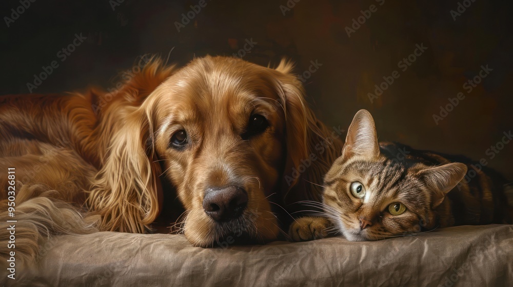 Golden Retriever and Tabby Cat Golden Retriever and Tabby Cat