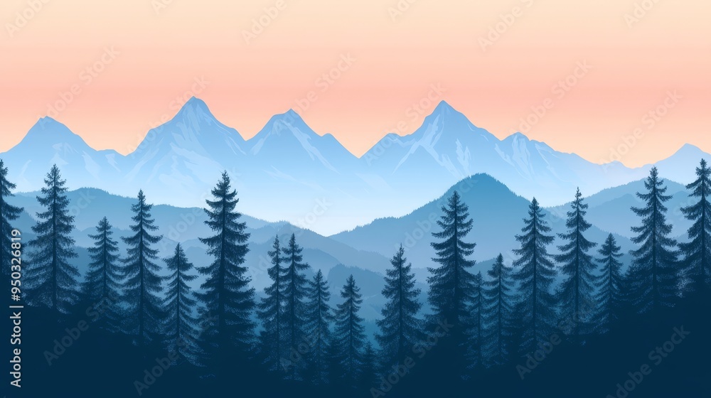 Majestic Mountain Range at Sunset with Silhouette of Pine Trees Majestic Mountain Range at Sunset with Silhouette of Pine Trees