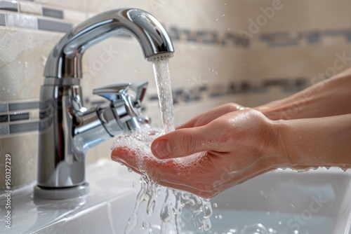 Water pour from tap while man wash his hands with anti bacterial soap close up view. Personal hygiene morning activity, safety precautions against COVID-19 pandemic infectious disease outbreak concept photo