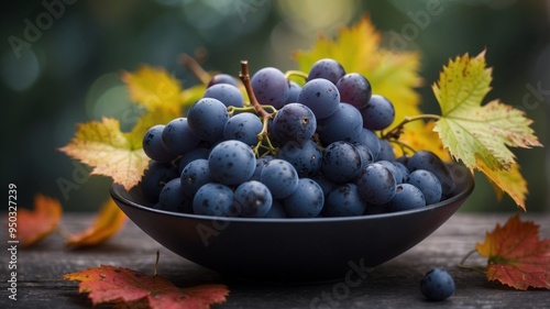 Blue grapes in black bowl using colorful leaves.