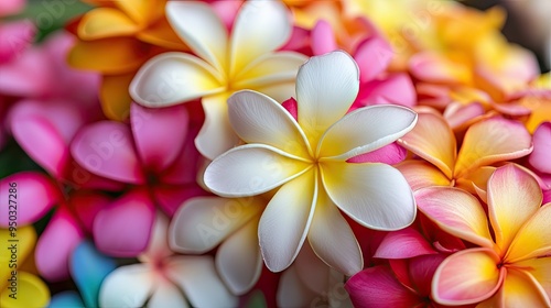 A detailed shot of a frangipani lei garland, with the soft petals and lush colors of the tropical flowers in focus.