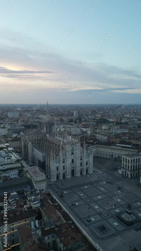 Aerial video of Milan city cathedral and Duomo square, cityscape skyline shot Aerial video of Milan city cathedral and Duomo square, cityscape skyline shot