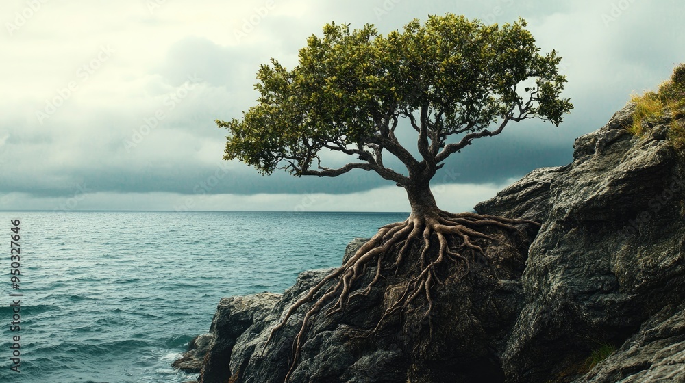A tree growing on a cliffside, its roots exposed and clinging to the rocks against a backdrop of the ocean. A tree growing on a cliffside, its roots exposed and clinging to the rocks against a backdrop of the ocean.