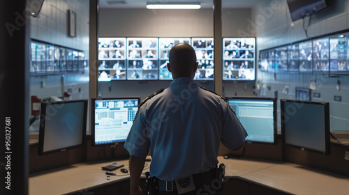 a correctional officer standing guard in a central control room, monitoring multiple screens displaying various areas of the prison