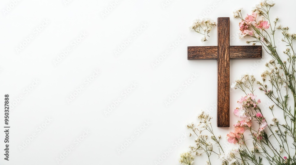 A flatlay of a wooden cross surrounded by flowers, set on a white background with space for inspirational text. A flatlay of a wooden cross surrounded by flowers, set on a white background with space for inspirational text.