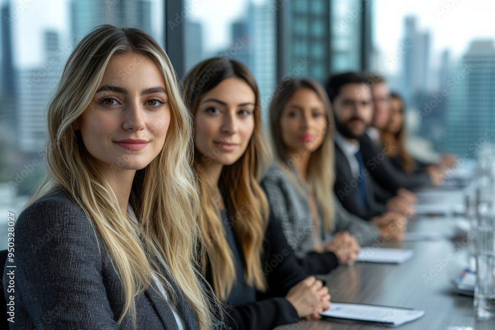 A group of people are sitting at a table in a boardroom A group of people are sitting at a table in a boardroom