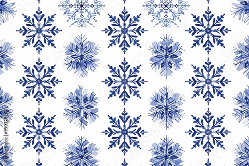 Seamless pattern with blue snowflakes on white background.