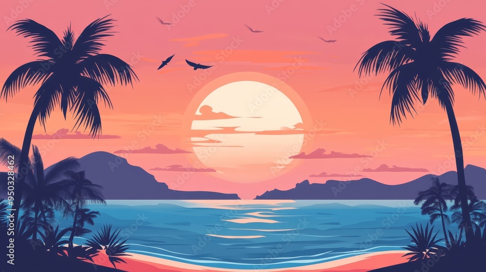Tropical Sunset Beach with Palm Trees and Ocean Tropical Sunset Beach with Palm Trees and Ocean