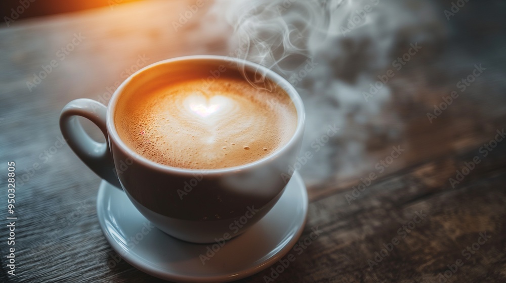 cup of hot coffee with a heart-shaped foam cup of hot coffee with a heart-shaped foam