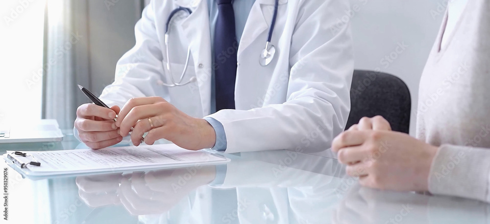 Doctor consulting patient. Male physician is gesturing with his hands over a glass desk while talking with a woman in a clinic, close up. Medicine concept Doctor consulting patient. Male physician is gesturing with his hands over a glass desk while talking with a woman in a clinic, close up. Medicine concept