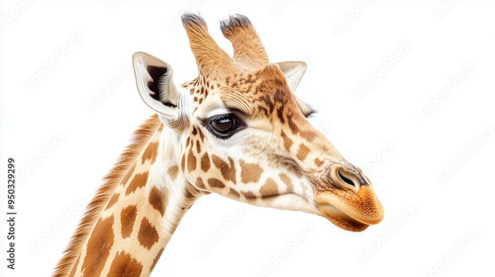 A close up, realistic of a giraffe with a calm gaze, positioned on a vivid white background. The lighting is soft and even, capturing the fine details of the giraffes skin, spots, A close up, realistic of a giraffe with a calm gaze, positioned on a vivid white background. The lighting is soft and even, capturing the fine details of the giraffes skin, spots,
