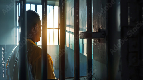 a correctional officer observing an inmate through a small window in a cell door, capturing the intense scrutiny and vigilance required in maintaining prison security
