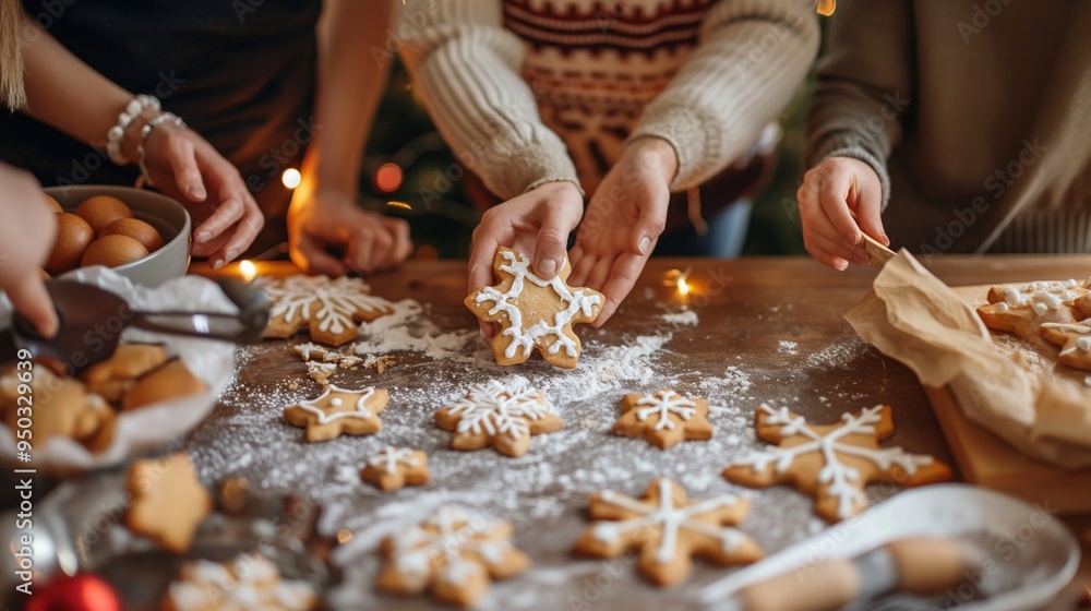 A family gathered around the table to make homemade cookies A family gathered around the table to make homemade cookies